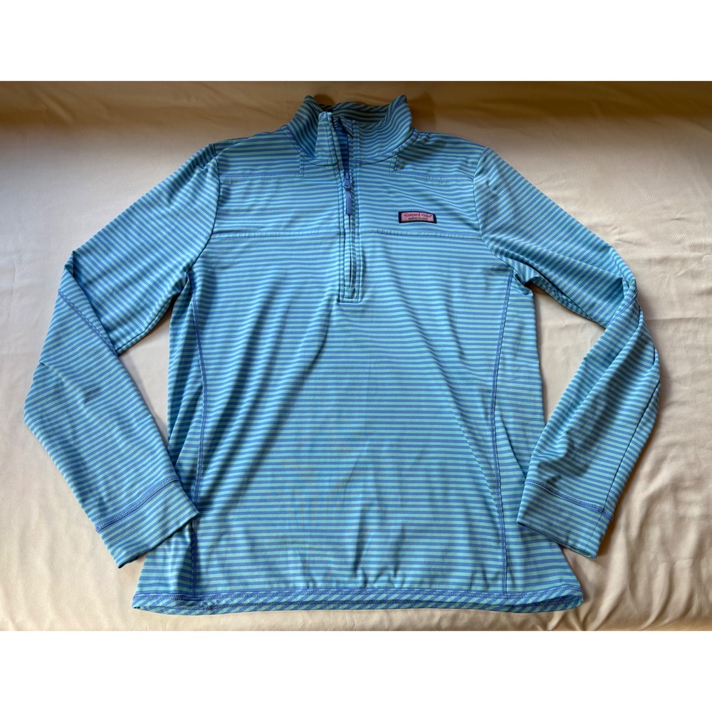 Vineyard Vines Shep Shirt Womens Medium Blue Green Striped Quarter Zip Pullover